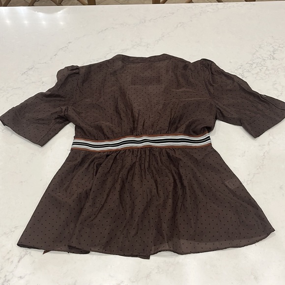 NWT BCBG Maxazria Brown Sheer with Black Polka Dots Tie Around the Waist Top - Picture 6 of 8